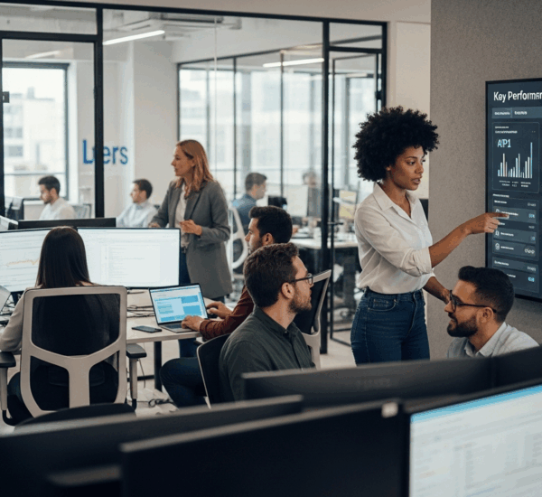 Professional software development team analyzing AI integration opportunities with productivity metrics and dashboards