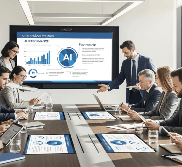 Professional executives evaluating AI technology partners in corporate meeting with data presentations